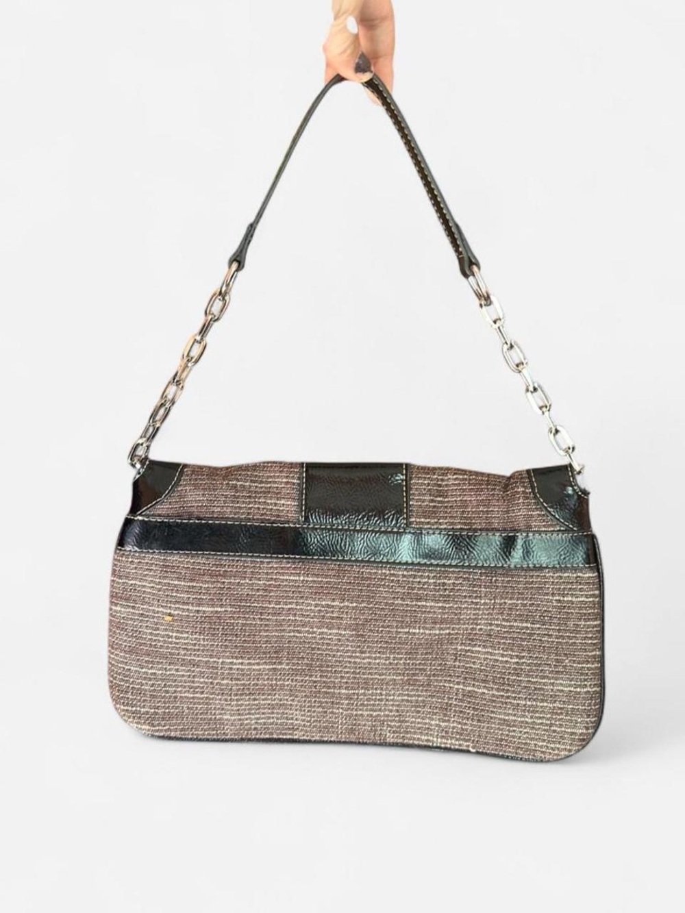 Vintage 2000s Merona Taupe and Black Shoulder Bag with Buckle and Chain Strap - Picture 2 of 8